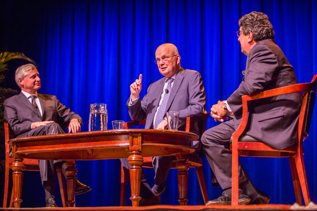 L-r: Vanderbilt Distinguished Visiting Professor Jon Meacham, Gen. Michael Hayden and Chancellor Nicholas S. Zeppos. (Anne Rayner/Vanderbilt)