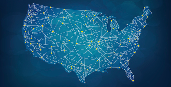blue map of USA with various cities highlighted with dots and connected by lines in a network pattern
