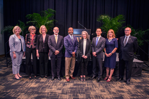 L-r: Provost Susan R. Wente, Mary-Margaret Chren, Laura M. Beskow, Brandt F. Eichman, Paul C. Taylor, Kate Daniels, Edward K. Cheng, Kelly L. Haws, and Italo O. Biaggioni. (Anne Rayner/Vanderbilt)