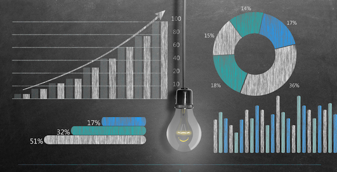Business growth graphs and charts drawn on chalkboard. Financial data and statistics on blackboard.
