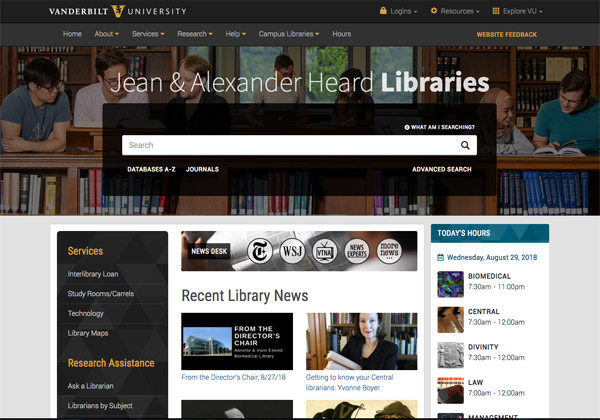 The Heard Libraries homepage with the "News Desk" portal. (Vanderbilt University)