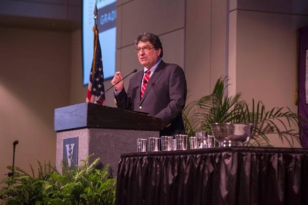 Chancellor Nicholas S. Zeppos urged faculty to fight for Vanderbilt's values at the fall assembly Aug. 23 in the Student Life Center. (Anne Rayner/Vanderbilt)