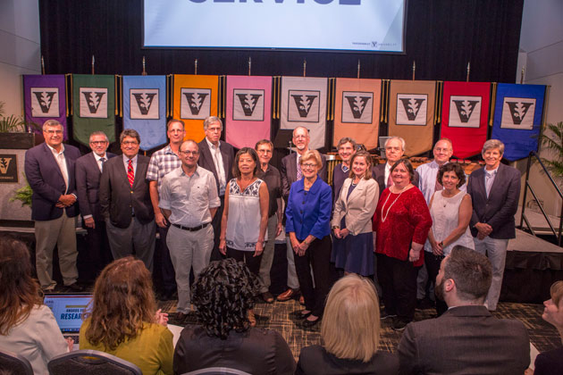 Twenty-seven faculty were recognized for 25 years of continuous service to the university at the fall assembly Aug. 23. (Anne Rayner/Vanderbilt)