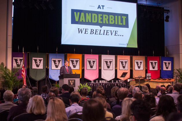 Chancellor Nicholas S. Zeppos recognized 10 faculty for their accomplishments in research, scholarship or creative expression at the fall assembly Aug. 23 in the Student Life Center. (Anne Rayner/Vanderbilt)