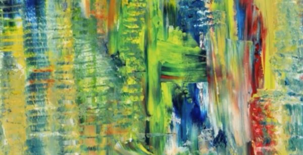 abstract vertical stripes, mostly green, with some blue, red and yellow mixed in