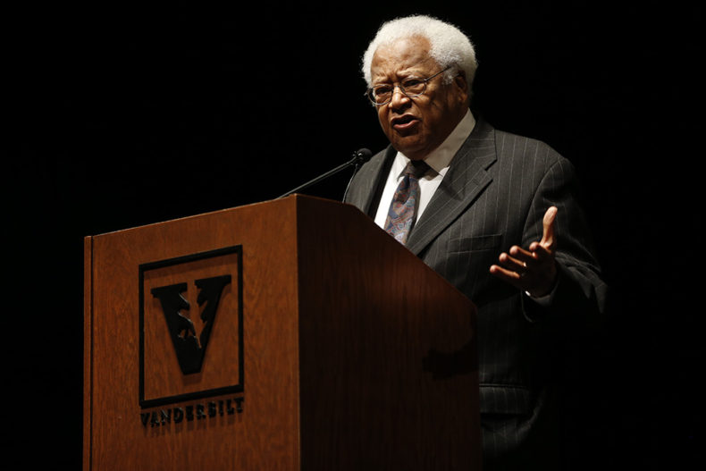 Rev. James Lawson delivering the keynote address to conclude Vanderbilt's 2016 MLK Commemoration (John Russell/Vanderbilt)