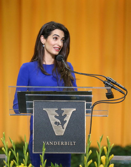 International human rights lawyer Amal Clooney received Vanderbilt University's 2018 Nichols-Chancellor's Medal when she addressed graduates and their families on Senior Day May 10 in Memorial Gym. (Joe Howell/Vanderbilt)