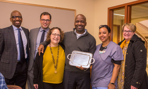 L-r: Frank Dobson, assistant dean of students; Kyle Southern, BA’07, MPP’09; Donna Johnson, executive director of alumni outreach; Rosevelt Noble, BS'97, PhD'03, assistant dean of students and director of the Bishop Joseph Johnson Black Cultural Center; Dr. Kristen Noble, BA’03; and Vanessa Beasley, dean of The Martha Rivers Ingram Commons. (Vanderbilt University)