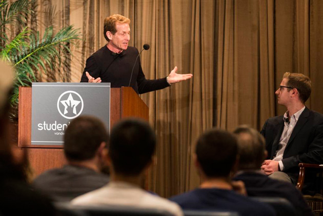 Skip Bayless, BA'74, conducted a Q&A with student media and alumni. Sitting to the Bayless' right is Cutler Klein, who introduced Bayless, from Vanderbilt Student Communications. (Joe Howell/Vanderbilt)