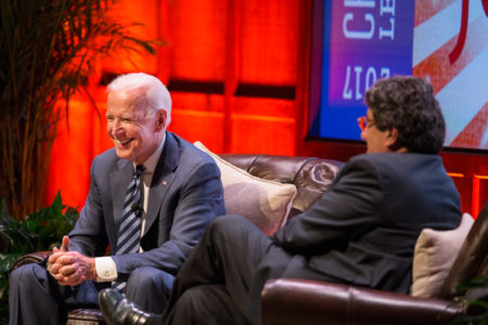 Chancellor Nicholas S. Zeppos hosted Vice President Joe Biden for a conversation in Langford Auditorium April 10. (Joe Howell/Vanderbilt)