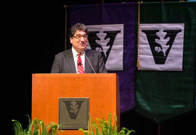 Chancellor Nicholas S. Zeppos addressed faculty and administrators April 5 during the spring assembly in Langford Auditorium. (Joe Howell/Vanderbilt)