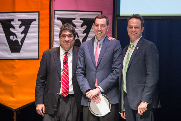 Chancellor Nicholas S. Zeppos, Jesse Ehrenfeld, and Faculty Senate Chair Geoffrey Fleming. (Joe Howell/Vanderbilt)