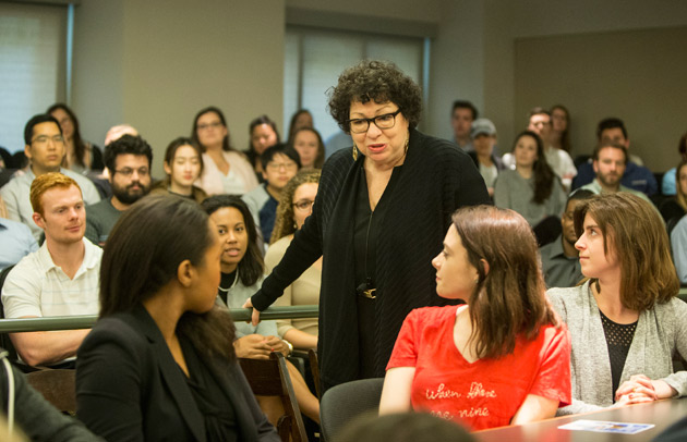 Justice Sonia Sotomayor walked through the lecture hall as students asked questions during her April 3 talk at Vanderbilt Law School. (Joe Howell/Vanderbilt)