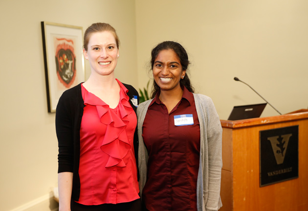Hannah Krimm (left) took home both first place and the People’s Choice Award, and Sandya Lakkur won second place in the 2018 Three Minute Thesis Competition, help March 23 at the Student Life Center. (John Russell/Vanderbilt)