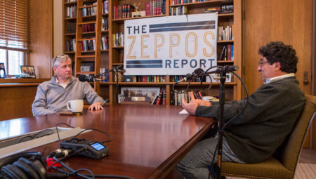 Chancellor Nicholas S. Zeppos (right) interviewed presidential historian and Distinguished Visiting Professor Jon Meacham for "The Zeppos Report" podcast. (Anne Rayner/Vanderbilt)