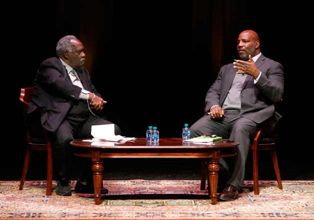 David Williams, vice chancellor for athletics and university affairs and athletics director, moderated a question-and-answer session with Jelani Cobb following his talk. (Steve Green/Vanderbilt)