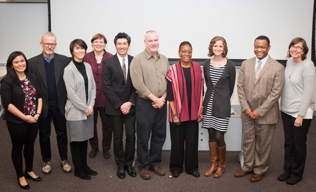 L-r: The College of Arts and Science's Kirsten Mendoza, Mark Jarman, Tiffany Tung, Lauren Benton, Keivan Stassun, Jonathan Hiskey, Hortense Spillers, Danielle Picard, Andre Christie-Mizell and Suzanne Globetti. (Susan Urmy/Vanderbilt)