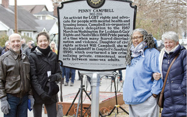 L-r: Vanderbilt faculty Bruce Morrill, Ellen Armour, Emilie Townes and Laurel Schneider attended the ceremony to unveil the Nashville historical marker for Penny Campbell, who earned her master of divinity from Vanderbilt in 1989. (Kristi Irving/Vanderbilt)