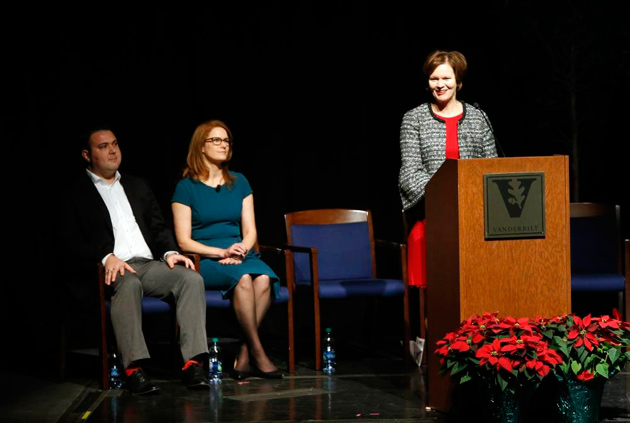 Nicole Oeser (right), SkyVU program director, addresses faculty and staff gathered for a town hall meeting Dec. 7. (Steve Green/Vanderbilt)