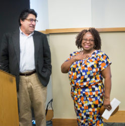 Chancellor Nicholas S. Zeppos presented Campus Dining's Maxine Ebanks with the Heart and Soul Staff Appreciation Award Nov. 15. (Susan Urmy/Vanderbilt)