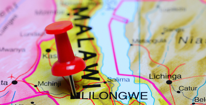 pushpin marking location of Malawi on the map