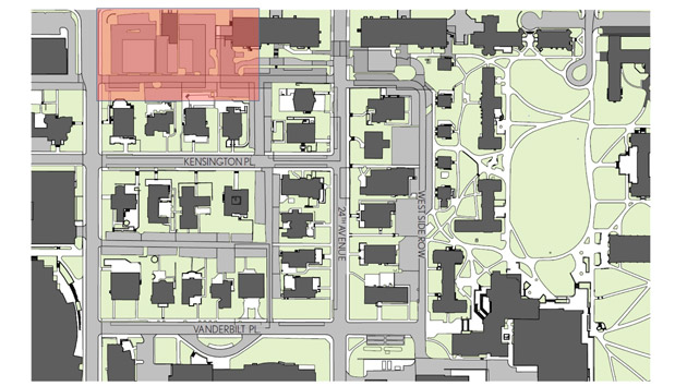 Utilities construction will begin along West End Avenue near Carmichael Towers 3 and 4 and also will include the alley between 25th Avenue and Towers 3 and 4, resulting in the closure of lots 69, 69A and 70. (Vanderbilt Parking Services)