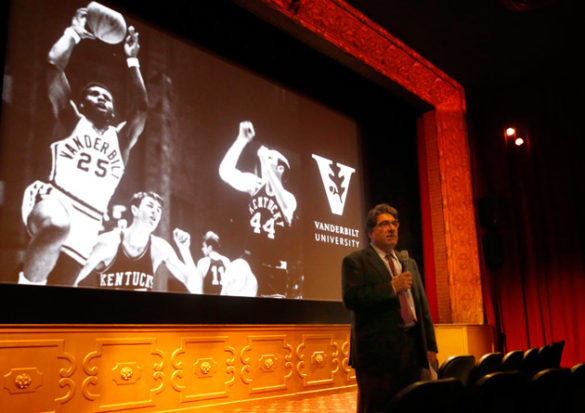 Chancellor Nicholas S. Zeppos introduced a screening of the documentary film "Triumph: The Untold Story of Perry Wallace" Nov. 8 at the Belcourt Theatre. (Steve Green/Vanderbilt)