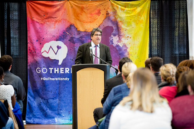 Chancellor Nicholas S. Zeppos hosted more than 100 members of the Vanderbilt community Wednesday to hear their colleagues’ personal stories as part of the GO THERE mental health campaign. (Susan Urmy/Vanderbilt)