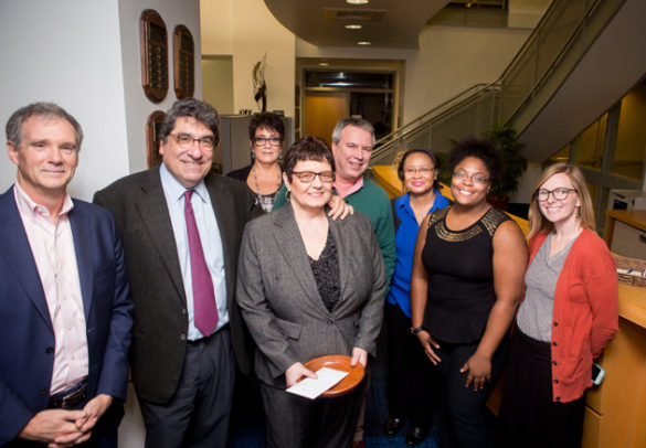 L-r: Biological Sciences Chair Doug McMahon, Chancellor Nicholas S. Zeppos, Chancellor's Heart and Soul Award recipient Carol Wiley and members of the Department of Biological Sciences staff. (Susan Urmy/Vanderbilt)