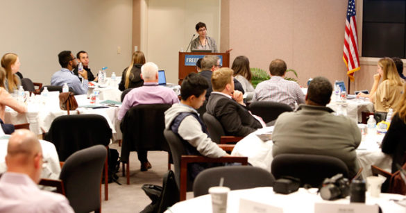 Sayeh Nikpay briefs journalists on the Affordable Care Act at the Poynter-organized institute. (Steve Green/Vanderbilt)