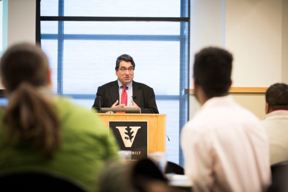 Chancellor Nicholas S. Zeppos addressed journalists gathered at Vanderbilt for an institute sponsored by Poynter. (Susan Urmy/Vanderbilt)