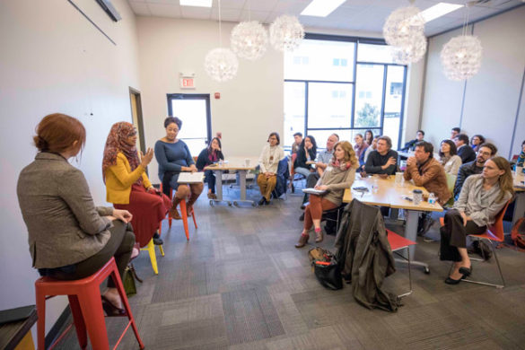 Stephanie Teatro (left) of the Tennessee Immigrant and Refugee Rights Coalition and Sabina Mohyuddin (center) of the American Muslim Advisory Council join law professor Karla McKanders for a panel discussion. (John Russell/Vanderbilt)