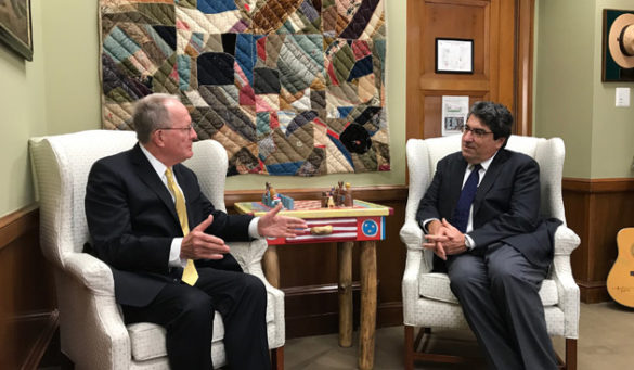 Chancellor Nicholas S. Zeppos (right) visits with Sen. Lamar Alexander (R-TN) during his visit to Capitol Hill. (Vanderbilt University)