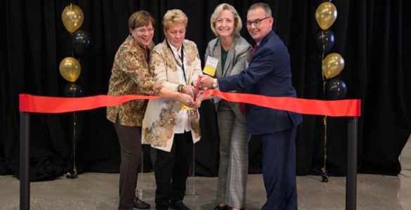 L-r: Dean of the College of Arts and Science Lauren Benton, Vanderbilt Institute of Nanoscale Science and Engineering Director Sandra Rosenthal, Provost Susan R. Wente and School of Engineering Dean Philippe Fauchet cut the ribbon on the new VINSE core facilities. (Joe Howell/Vanderbilt)