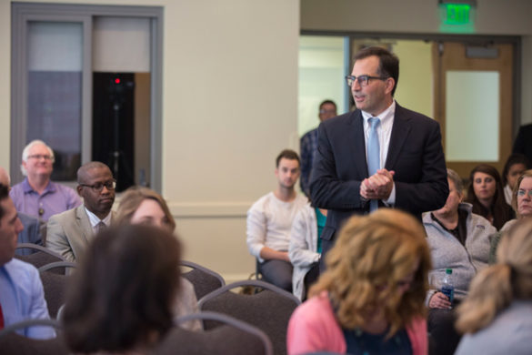 Vice Chancellor for Administration Eric Kopstain fields questions at the FutureVU town hall at the Student Life Center Board of Trust Room on Oct. 17. (Anne Rayner/Vanderbilt)