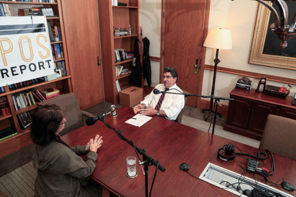 Chancellor Nicholas S. Zeppos (right) interviews Associate Professor of Psychology Suzana Herculano-Houzel for "The Zeppos Report." (Vanderbilt University)