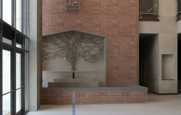 Custom-made art work—a tree sculpture— is being created for the main entrance of the Vanderbilt Divinity School's new addition. (rendering by Gilbert, McLaughlin, Casella Architects)