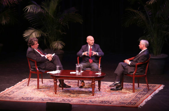 L-r: Chancellor Nicholas S. Zeppos, Adm. James Stavridis and Vanderbilt Distinguished Visiting Professor Jon Meacham discussed “Beyond the Horizon: 21st-Century Global Security and Risk” Oct. 3 in Ingram Hall. (Anne Rayner/Vanderbilt)