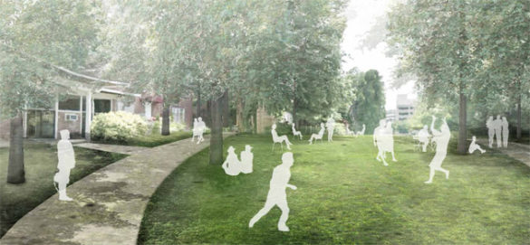 A rendering of the planned "West End Neighborhood." The beautification efforts are designed to give the area a more park-like feel. (Vanderbilt University)