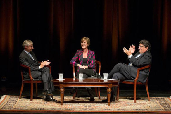 Vanderbilt Distinguished Visiting Professor Jon Meacham, former Acting Attorney General Sally Yates and Chancellor Nicholas S. Zeppos discussed "The Presidency and the Rule of Law" Sept. 26 in Langford Auditorium. (Joe Howell/Vanderbilt)