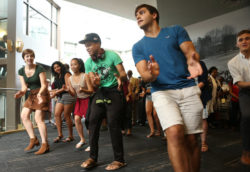 Students, staff and administrators could not resist moving to the beat of the Latin music that filled the third floor of Sarratt Student Center Sept. 19. (Vanderbilt University)