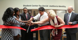 Chancellor Nicholas S. Zeppos and Provost and Vice Chancellor for Academic Affairs Susan R. Wente help cut the ribbon to open Vanderbilt’s new Student Center for Social Justice and Identity Sept. 19 at Sarratt Student Center. (Vanderbilt University)