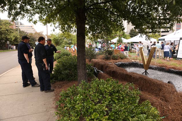 Plant Operations staff created a temporary water feature for a recent pop-up park on campus. (Anne Rayner/Vanderbilt)