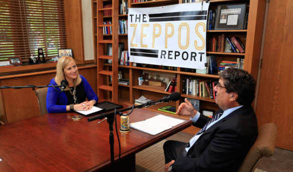 Chancellor Nicholas S. Zeppos interviews Nashville Mayor Megan Barry (left) for the 10th episode of "The Zeppos Report." (Vanderbilt University)