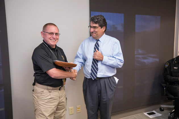 Vanderbilt University Public Safety's Marty Wright received the inaugural Heart and Soul Staff Appreciation Award from Chancellor Nicholas S. Zeppos Sept. 6. (John Russell/Vanderbilt)