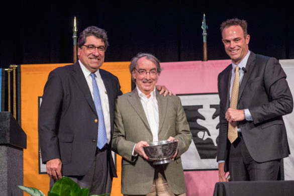 Chancellor Nicholas S. Zeppos, Sutherland Prize winner Larry Bartels and Faculty Senate Chair Geoffrey Fleming. (John Russell/Vanderbilt)