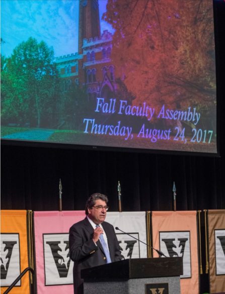 Chancellor Nicholas S. Zeppos addresses faculty at the 2017 fall assembly. (John Russell / Vanderbilt)