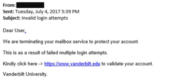An example of a recent phishing email affecting the Vanderbilt community.