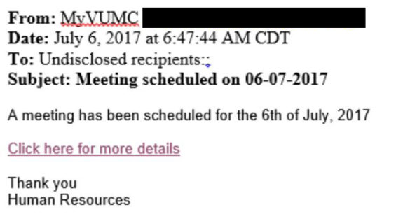 An example of a recent phishing email affecting the Vanderbilt community.