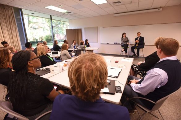 Bill Haslam and Candice McQueen, addressing the GASL 2017 cohort. (Anne Rayner/Vanderbilt)